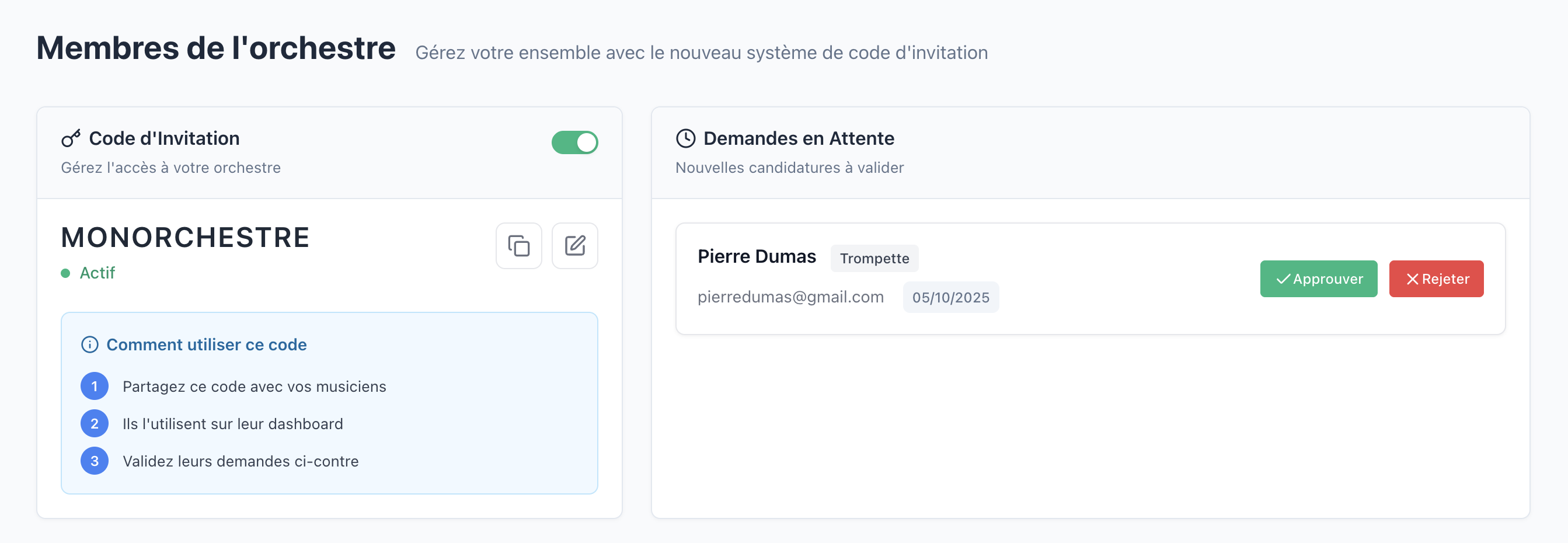 Gestion des membres de l'orchestre - Invitation et permissions par instrument